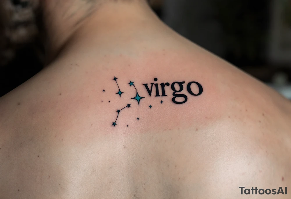 A minimalist Virgo sign in burnt sienna is followed by a sweeping arc of teal stars forming the constellation. tattoo idea