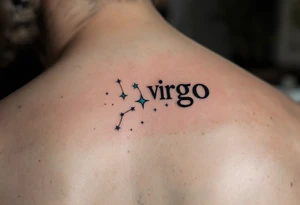 A minimalist Virgo sign in burnt sienna is followed by a sweeping arc of teal stars forming the constellation. tattoo idea