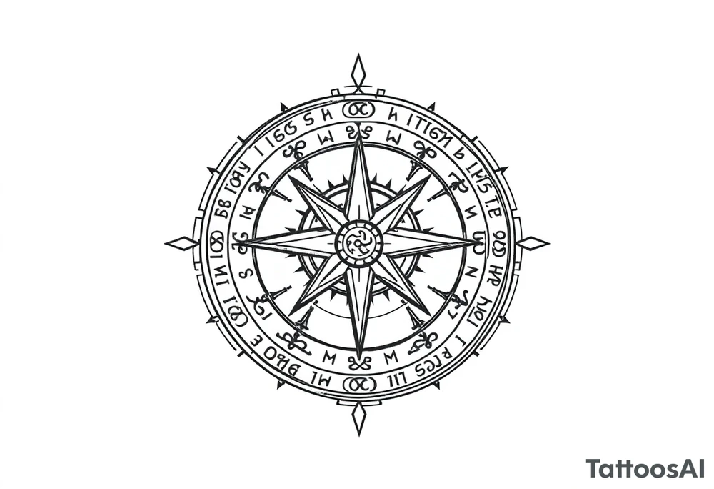 Create a line work Viking compass using symbols for protection, wisdom, and knowledge from both the Aztec and Viking cultures. Make the image very simple and able to print. Outline only not a lot of thick black use Elder Futhark runes for protection, wisdom, and luck. Use Elder futhark runes. tattoo idea