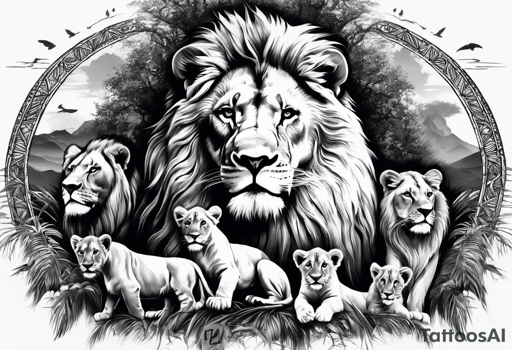Full sleeve tattoo depicting a large lion protecting his lioness and 6 lion cubs. Background should depict a safari scene tattoo idea