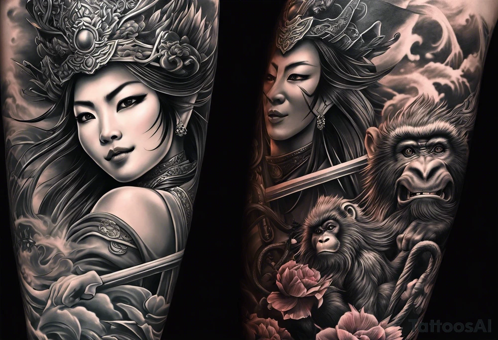 create a full arm sleeve tattoo containing a combinatin of the following; the monkey king with weapon, a japanese dragon, and
 shrouded mother holding a baby tattoo idea