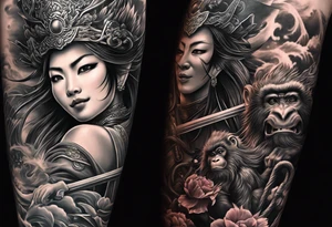 create a full arm sleeve tattoo containing a combinatin of the following; the monkey king with weapon, a japanese dragon, and
 shrouded mother holding a baby tattoo idea