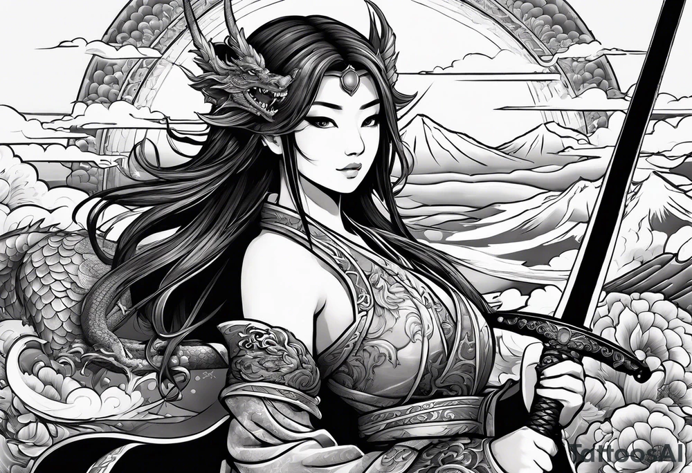beautiful warrior fairy holding a sword and a dragon and the background will be mountains, clouds, and a Japanese building tattoo idea