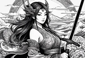 beautiful warrior fairy holding a sword and a dragon and the background will be mountains, clouds, and a Japanese building tattoo idea