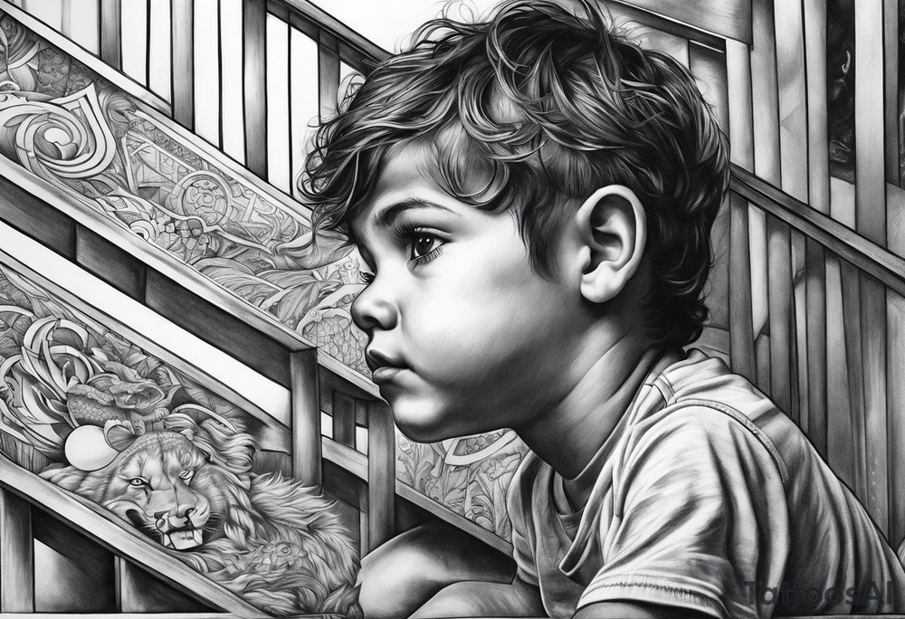 Un niño subiendo por las escaleras de la atlantida tattoo idea