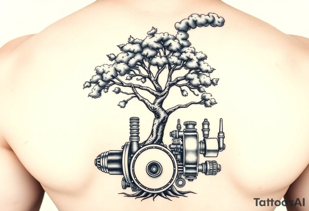 tree growing out of a v shaped engine with lots of pipes, guages and steam around the engine 
 with a smoke stack coming out of the top of the tree billowing black smoke with a steam punk vibe tattoo idea