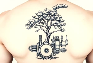 tree growing out of a v shaped engine with lots of pipes, guages and steam around the engine 
 with a smoke stack coming out of the top of the tree billowing black smoke with a steam punk vibe tattoo idea