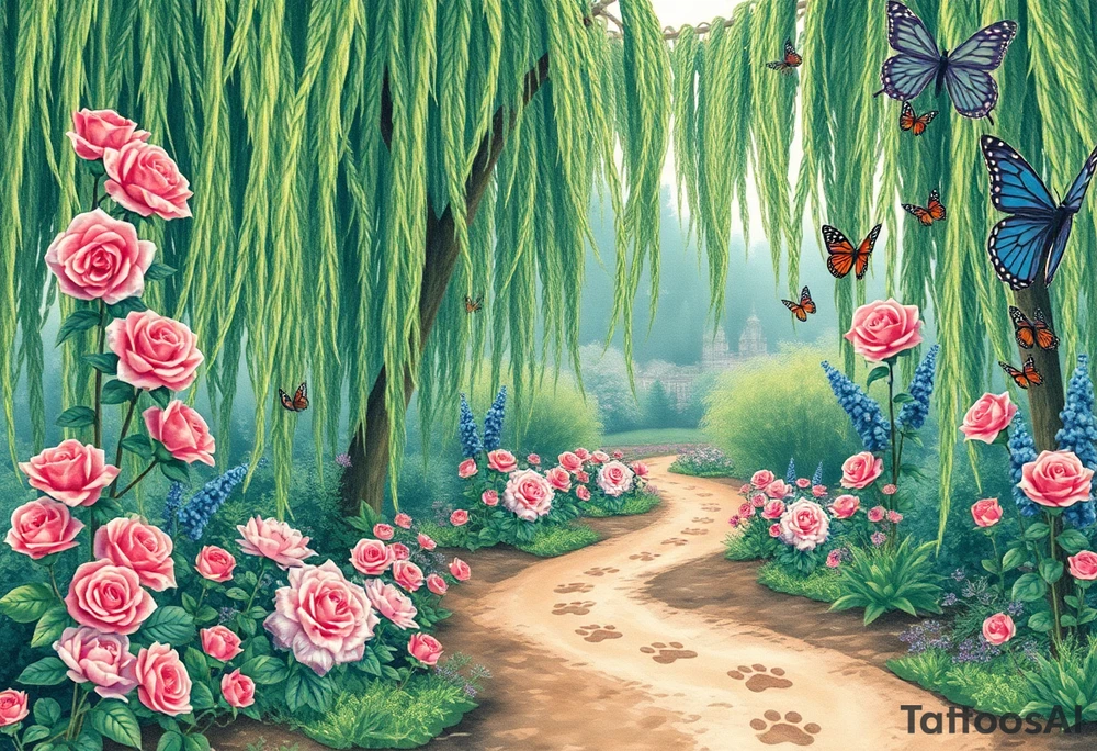 weeping willow garden with roses and liles flower beds. fantasy creatures, fairies, mermiads, dragons butterflies,  cat paw prints path in dirt. tattoo idea