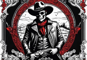 western background with a horse man,skelleton in the middle with a revolver and red dead redemtion hat tattoo idea