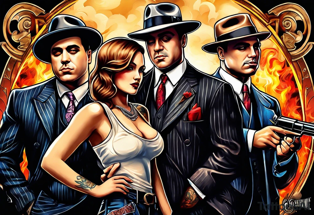 group of gangsters  with bonnie & clyde with Al Capone and machine gunns with smoke and fire and sexy females tattoo idea
