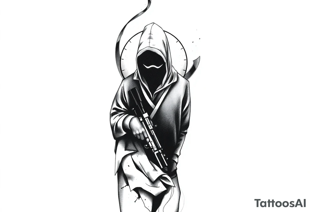 Minimalist covert operative symbolism representing loyalty and survival, faceless soldier silhouette emerging from darkness, torn fabric, subtle scars, controlled posture, black and grey realism, emotional restraint, understated strength, tattoo sleeve element. tattoo idea