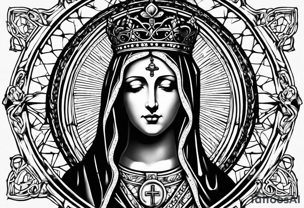 virgin mary with a rosary and crown of thorns tattoo idea