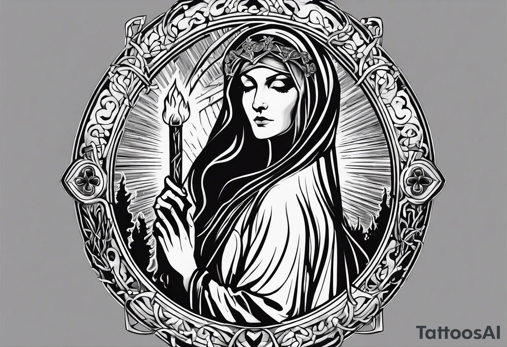A full back piece themed on the surname mcbride and the irish saint brigid. It should take inspiration from artwork of saint brigid holding fire in her hands. It should have the text Vincit Pericula Virtus on it tattoo idea