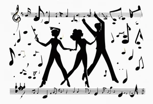 Music quarter notes connecting two dancing stick figures tattoo idea