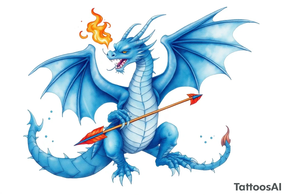 Blue fire breathing dragon with wings spread and an arrow through its chest tattoo idea