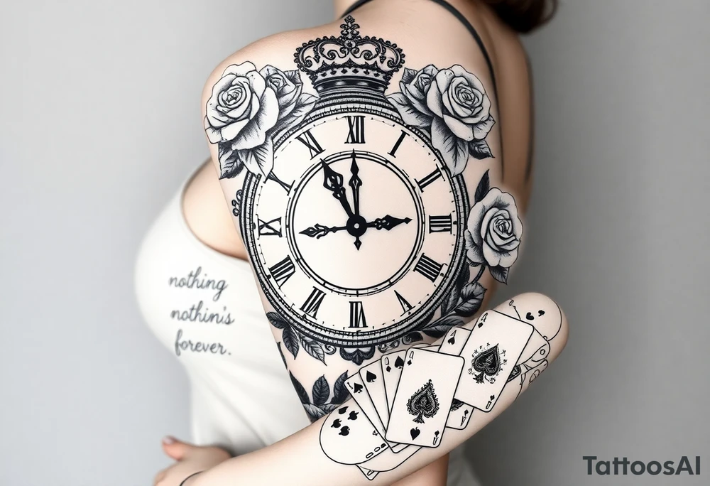 Roman clock with roses and a crown,  a quote that says nothings forever. and on the bottom a deck of cards tattoo idea