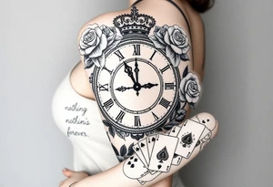 Roman clock with roses and a crown,  a quote that says nothings forever. and on the bottom a deck of cards tattoo idea