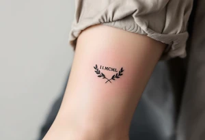 Tiny I.I.MCML on the ankle in black, paired with grayscale olive branches extending around the leg tattoo idea