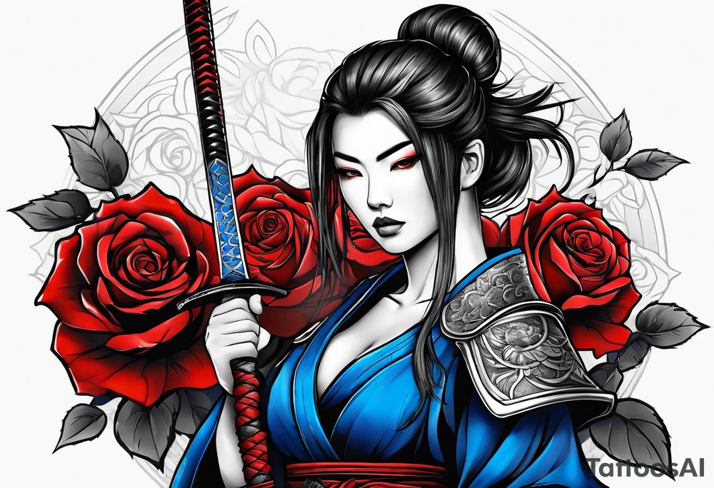Armored Samurai woman Colored blue and red roses tattoo idea