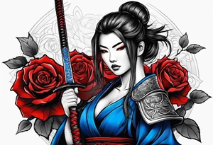 Armored Samurai woman Colored blue and red roses tattoo idea