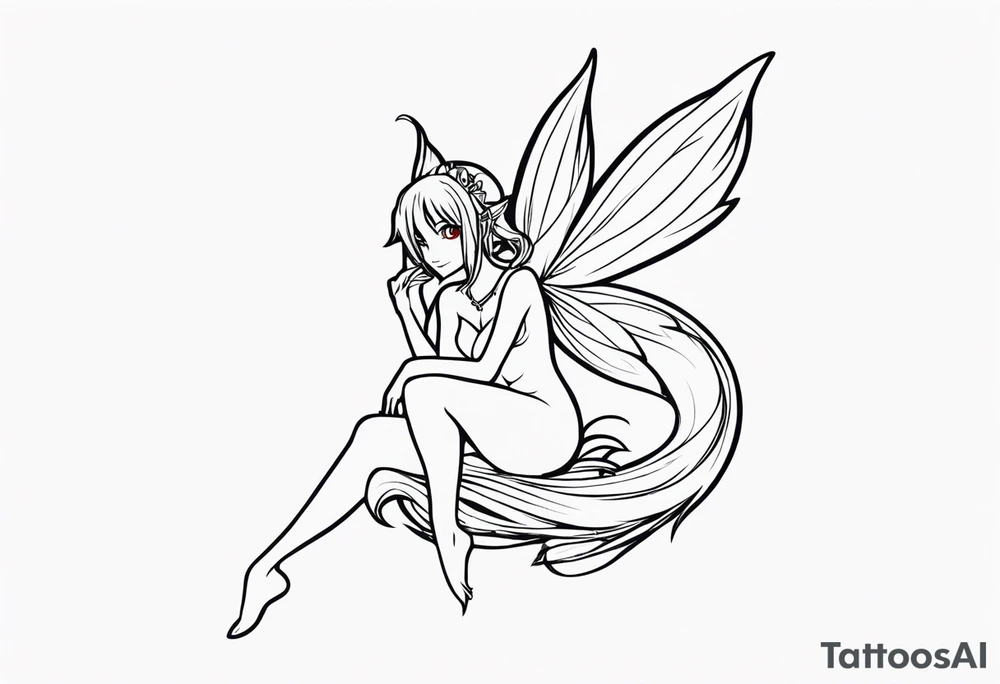 A fairy with a tail inspired by the logo of the show called Fairy Tail in a fetal position leaning in tattoo idea