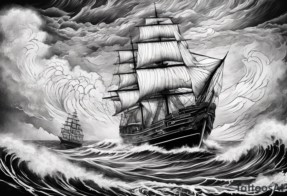 Sailor in storm at sea with his ship holding his cigar tattoo idea