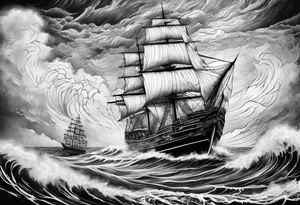Sailor in storm at sea with his ship holding his cigar tattoo idea