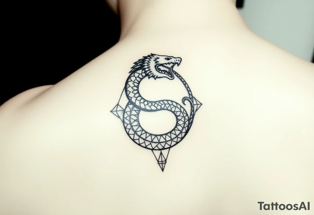 Ouroborous or dragon/serpent/snake eating its own tail in a figure 8 in negative space with geometric patterns on a leg tattoo design tattoo idea