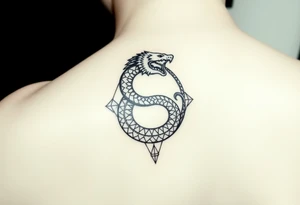 Ouroborous or dragon/serpent/snake eating its own tail in a figure 8 in negative space with geometric patterns on a leg tattoo design tattoo idea