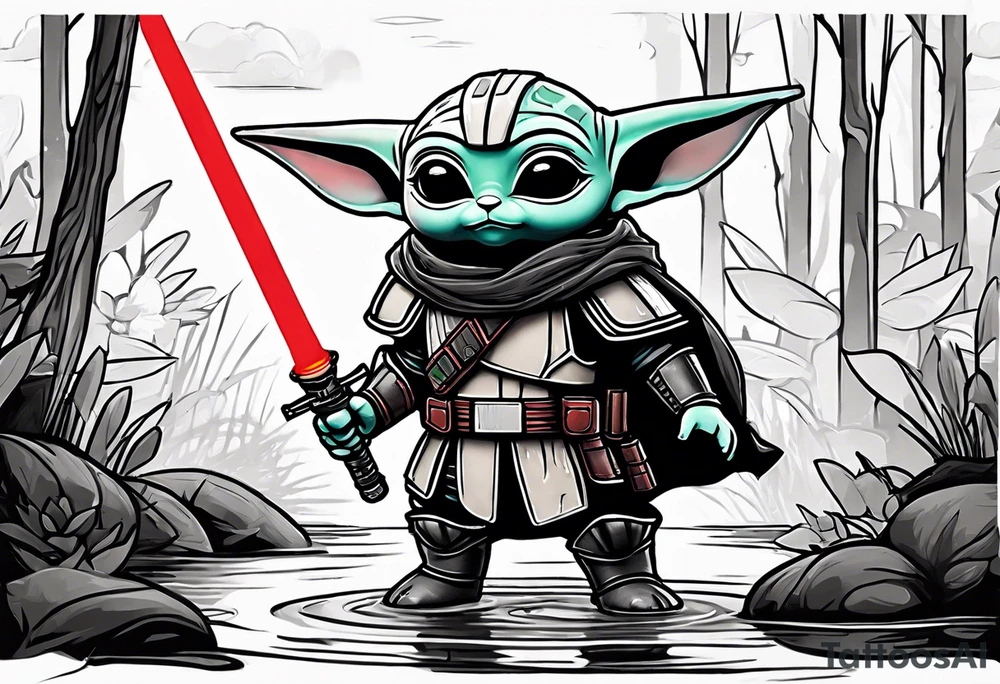 Baby Grogu wearing black mandalorian armor,  holding a red lightsaber in a swamp tattoo idea