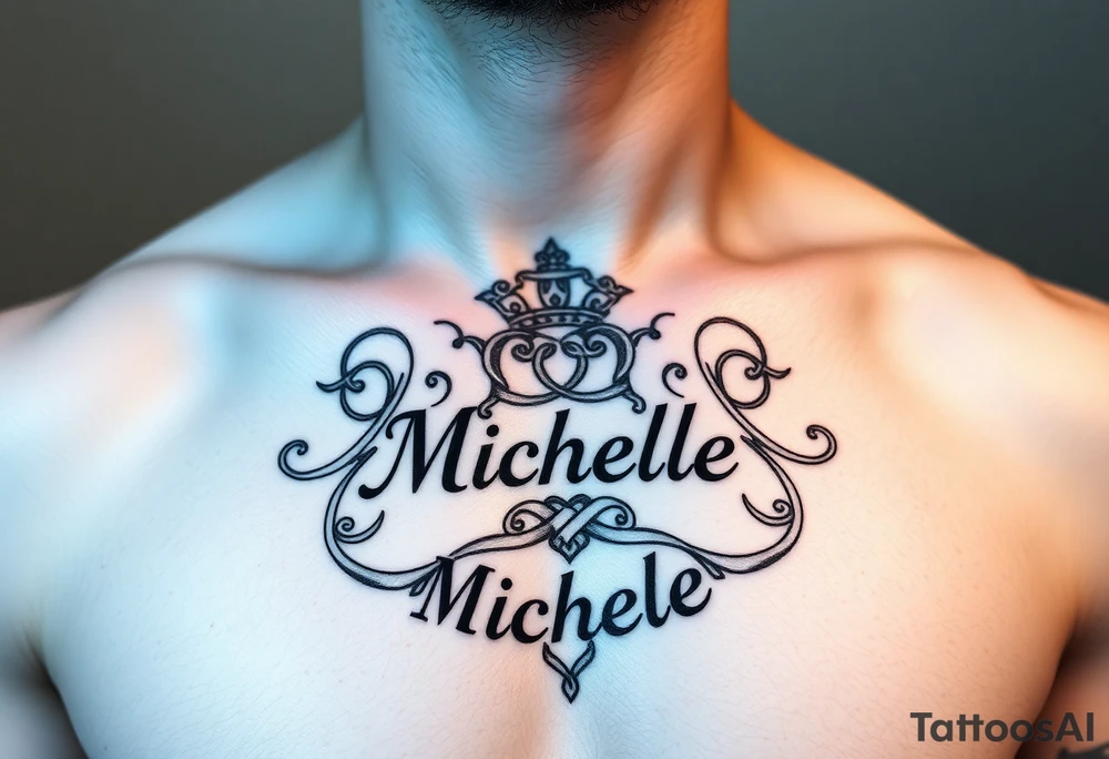 Create a tattoo on a man’s chest if a woman’s name. Claddagh and the name Michelle. Irish themed with Celtic knot throughout tattoo idea