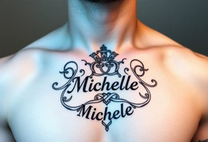 Create a tattoo on a man’s chest if a woman’s name. Claddagh and the name Michelle. Irish themed with Celtic knot throughout tattoo idea