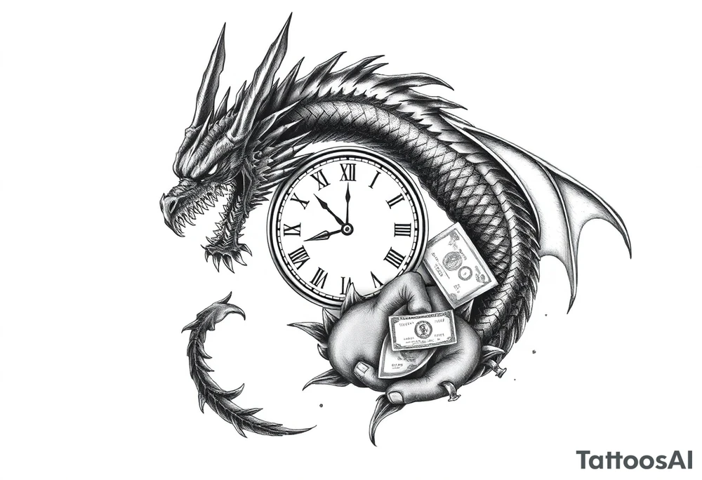 Dark dragon tattoo with clock, dollars and cancer zodiac sign on background tattoo idea