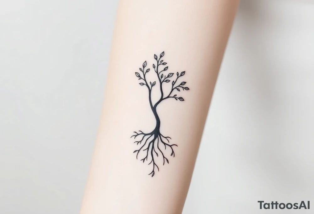 A tree with few leaves, with an outward spiral (moving to the right), as its roots, encircling the entire tree tattoo idea