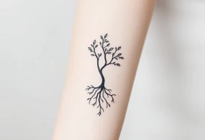 A tree with few leaves, with an outward spiral (moving to the right), as its roots, encircling the entire tree tattoo idea