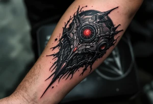 A shadowy mech-erm inked in matte black with accents of silver and a central pulsar in deep red. tattoo idea