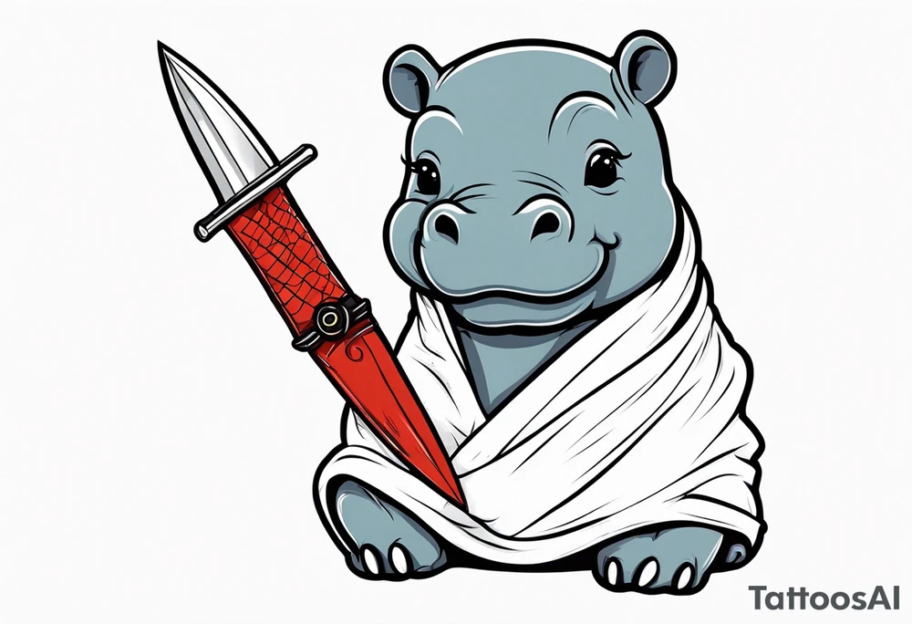 Baby hippopotamus wrapped in a swaddle and holding a knife in its mouth tattoo idea