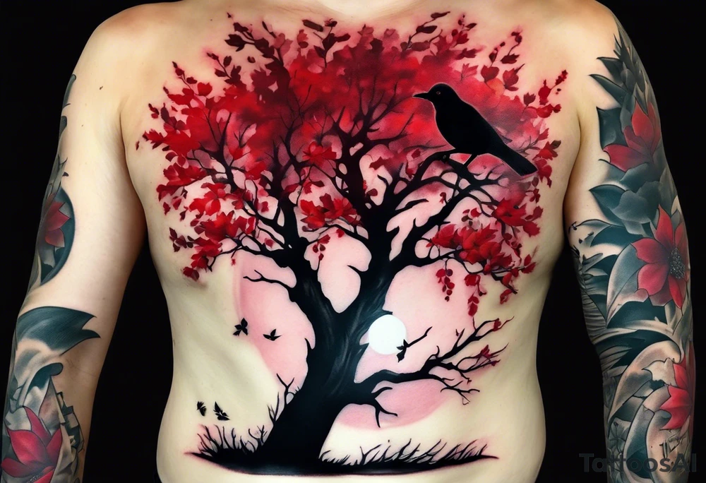 trash polka style. Arm tattoo. chest tattoo. Long tattoo. large tattoo. Full sleeve. Shoulder. A single large maple tree with red autumn leaves that branches upwards from wrist to shoulder. White-throated dipper bird on the trees branches. Calluna flowers at the base of the trees stem. Tree stem has dark colors. Red/yellow sunset behind the trees stem. Leaves falling. tattoo idea