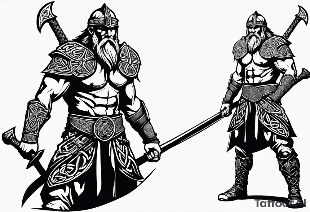Side full body shot of Celtic warrior with sword and axe. tattoo idea