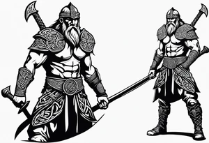 Side full body shot of Celtic warrior with sword and axe. tattoo idea