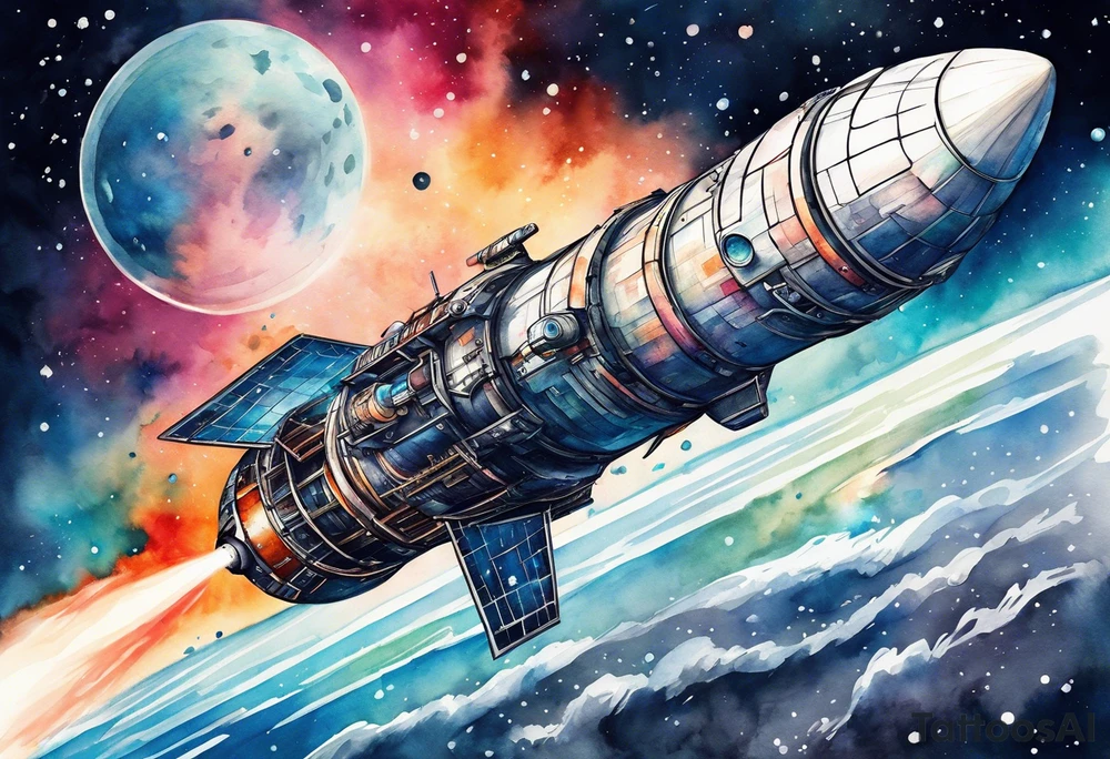 Apollo rocket blasting through deep space with subtle water colours and darkness with fade out tattoo idea