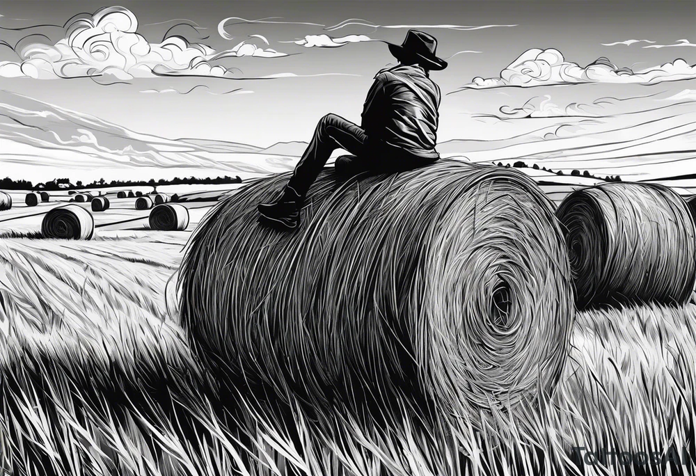 A boy sitting on top of a twisted bale of hay in a field where you can see the same bales of hay in the distance, and a tattoo idea