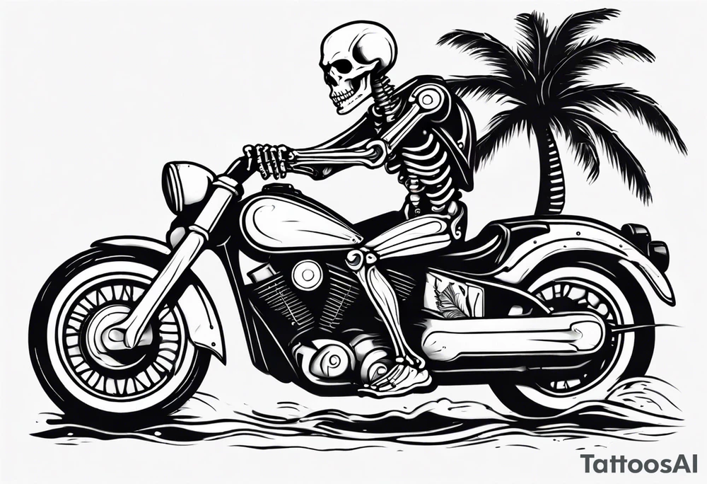 A skeleton riding a motorcycle on the beach with palm trees tattoo idea A skeleton riding a motorcycle on the beach with palm trees tattoo idea