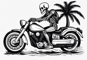 A skeleton riding a motorcycle on the beach with palm trees tattoo idea