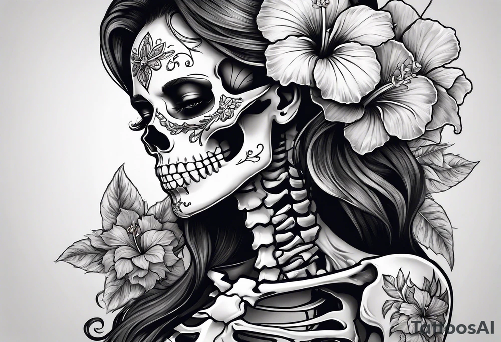 a full body female skeleton with hibiscus flower. tattoo idea