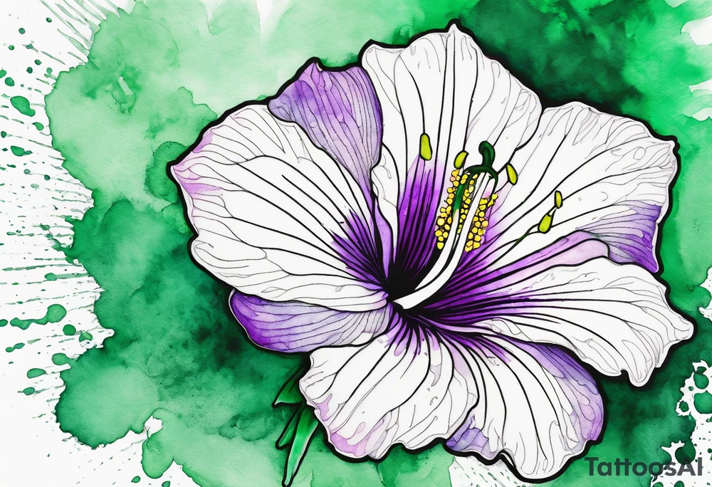 An outline of a rio dipladenia flower with a mystical green/purple watercolor splash in the background tattoo idea