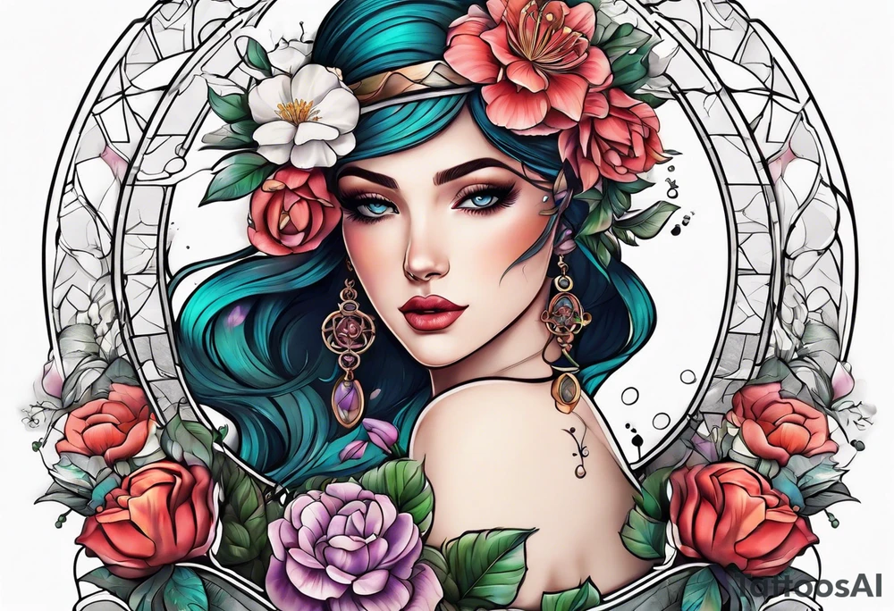 Sleeve with libra and flowers tattoo idea