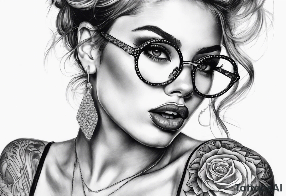 Woman with glasses biting diamonds tattoo idea