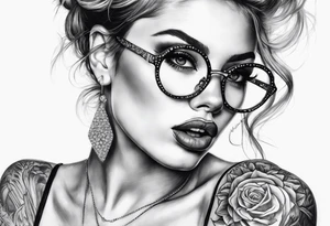 Woman with glasses biting diamonds tattoo idea