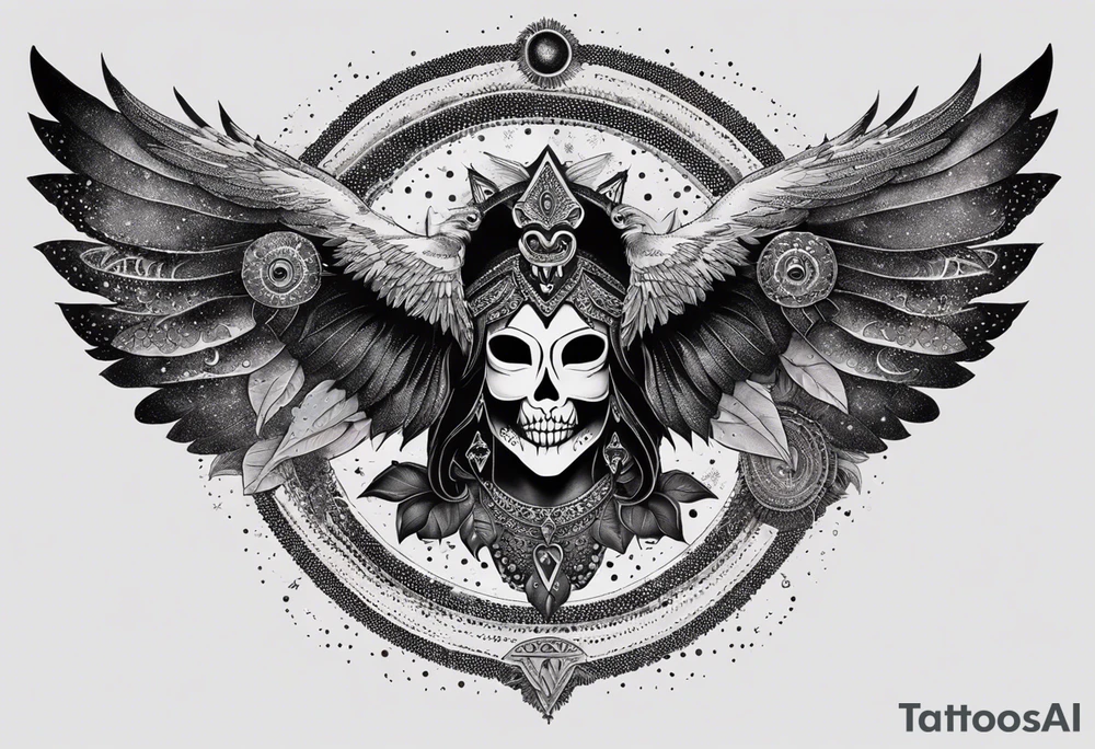 black kali, goddess pirate, alien, angel, pachamama, valkrye, warrior, flying, skull, lotus azul, wing, eagle, zenza resonance, stars, 5D, anahata chakra, death, durga, riding on a tiger, flying lady, chest tatoo tattoo idea